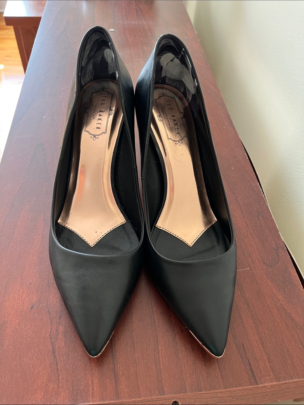 Ted Baker Black Pointed Leather Pumps with Rose Gold Insole